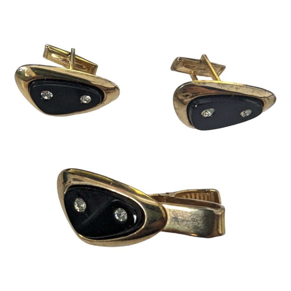 Vtg Black Onyx CZ Atomic Abstract Sarah Coventry Cufflinks Tie Clip Gold Tone